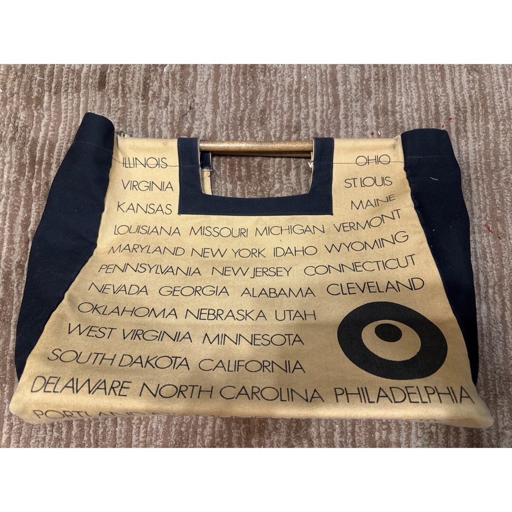 States Cities Tote Bag Novelty Print Canvas Wooden Handles Book Bag Carry All